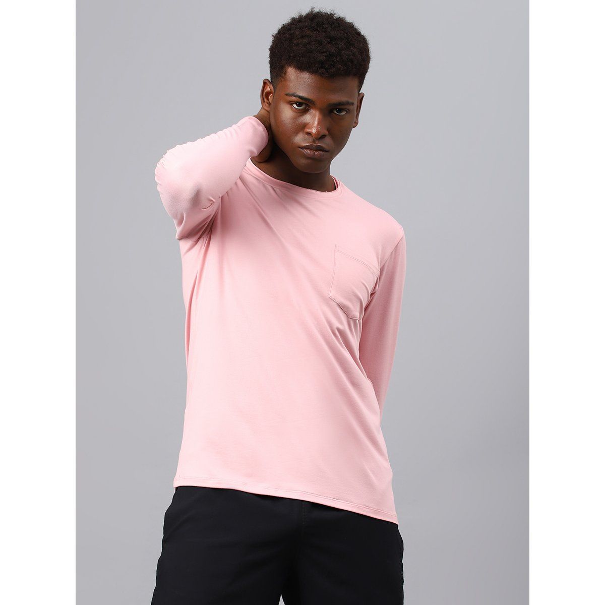 Fitkin Men Nude Pink Raw Edge Neck Style Long Sleeves T-Shirt (S)