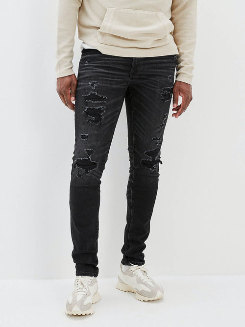 American Eagle Men Black Air Flex+ Ripped Skinny Jeans