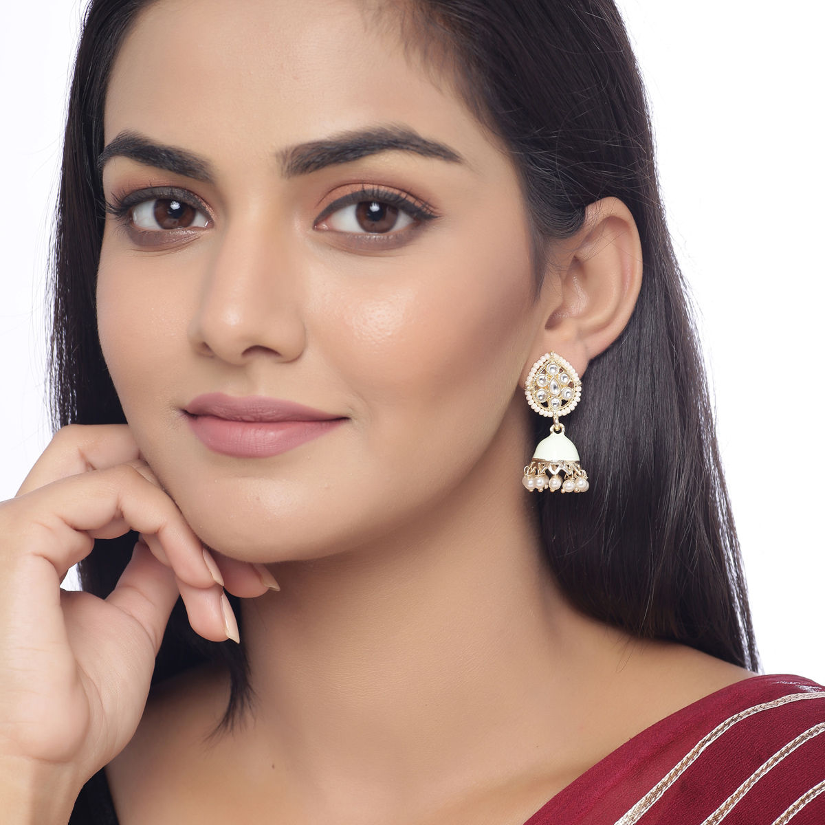 Buy SHOSHAA Gold Sea Green Kundan Jhumkas Online