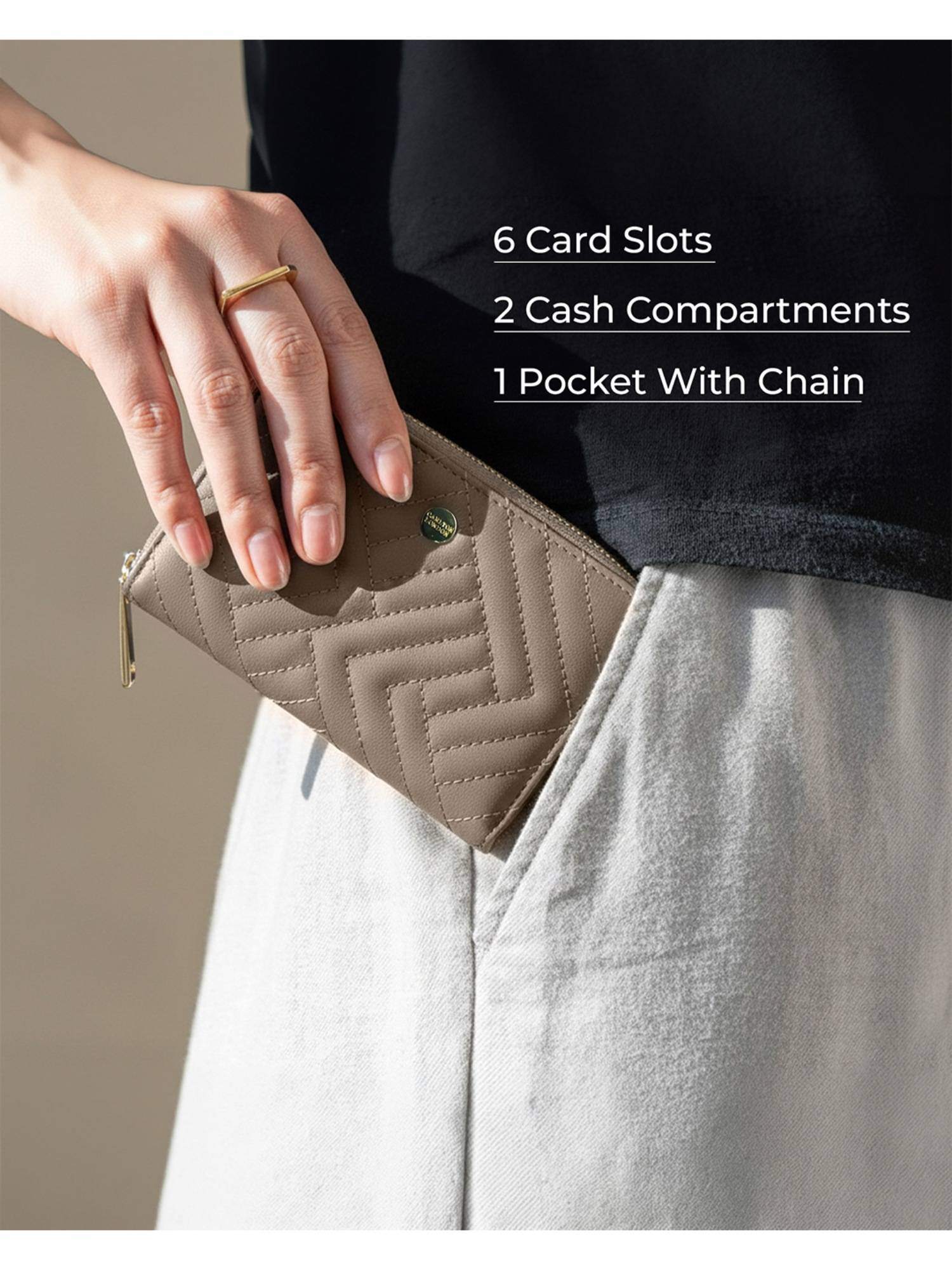 Carlton London Women Estelle Zip Around Textured Wallet With Gold Hardware Beige