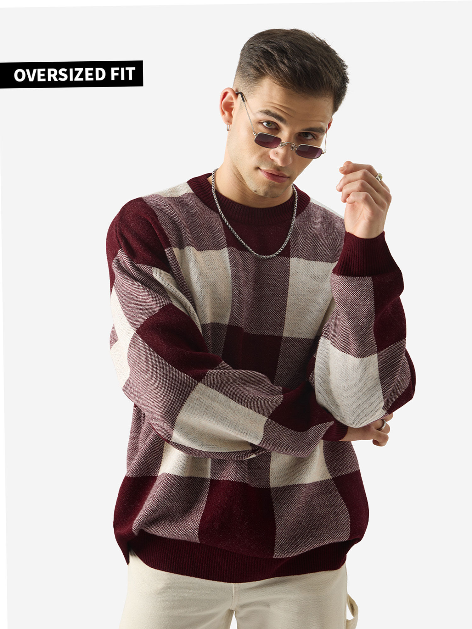 The Souled Store Burgundy Checks Men Oversized Pullovers