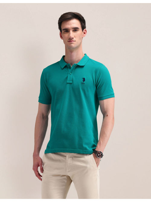 POLO Green Solid/Plain Half Sleeves Polo T-Shirt