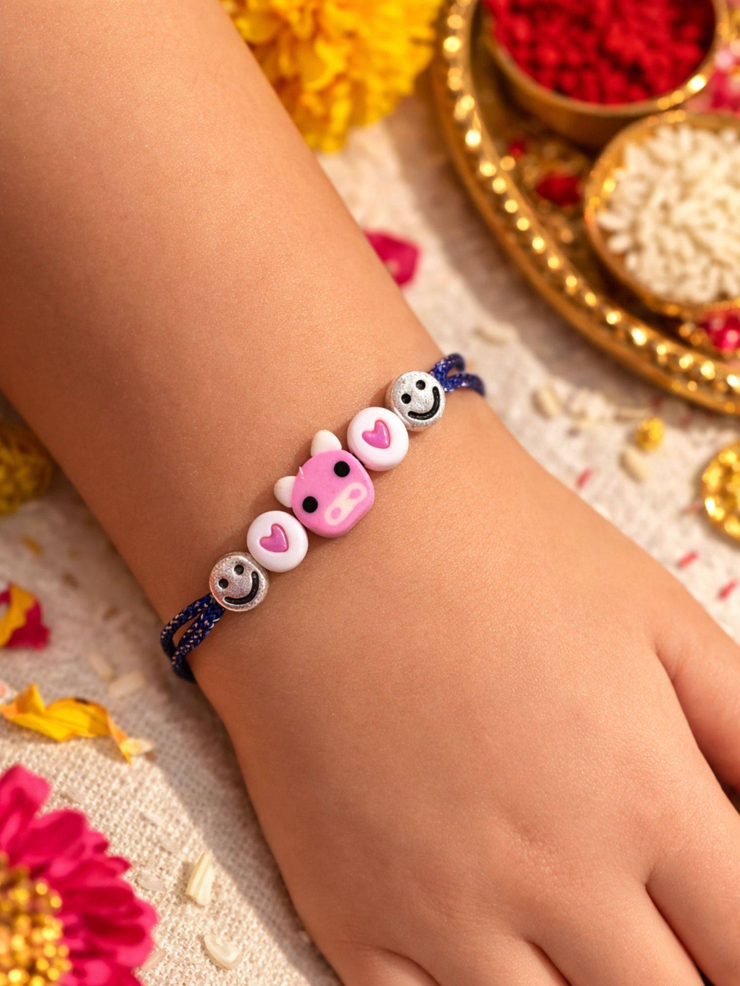 Digital Dress Room Kids Teddy Smiley Heart Beads Rakhi
