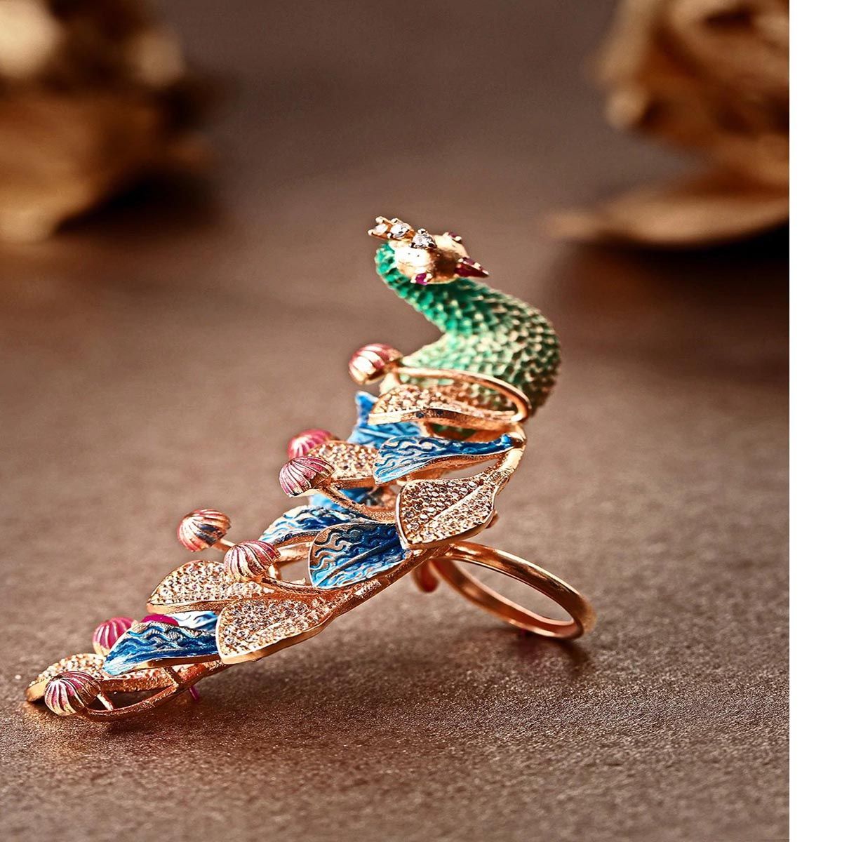 Gold Plated Meenakari Flying Peacock Ring with Kundan Stones - Bevy Pearls