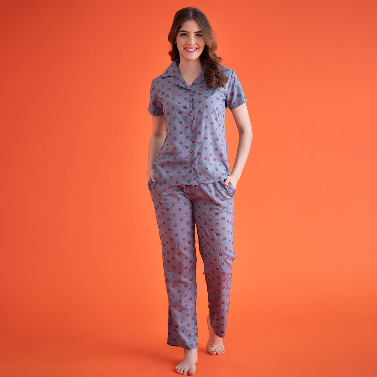 Buy Clovia Star Print Button Me Up Shirt And Pyjama Set In Dark Grey