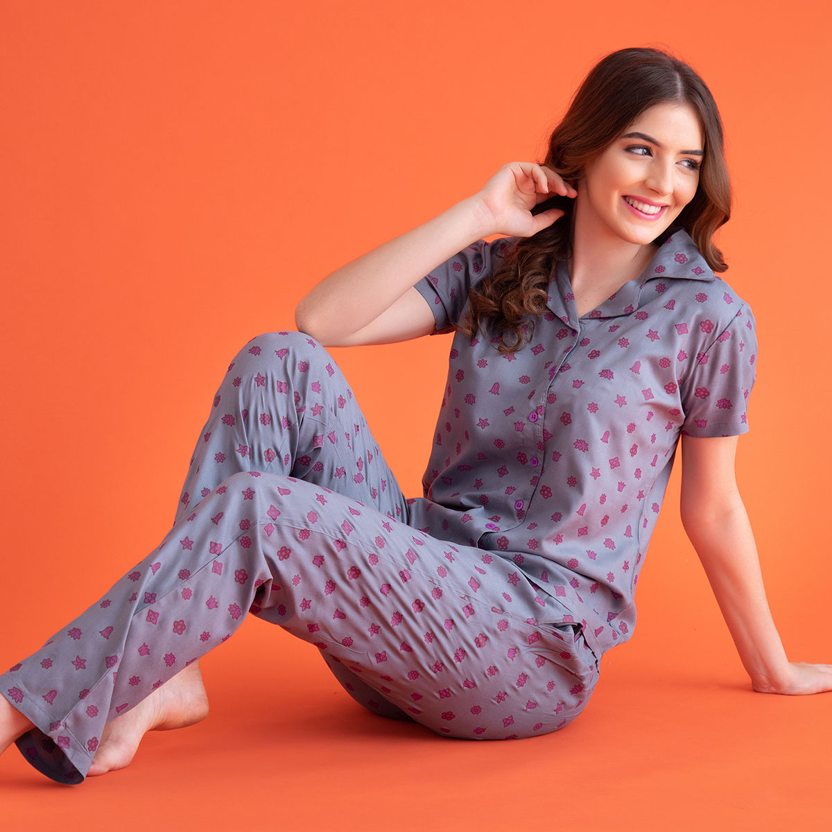 Buy Clovia Star Print Button Me Up Shirt And Pyjama Set In Dark Grey