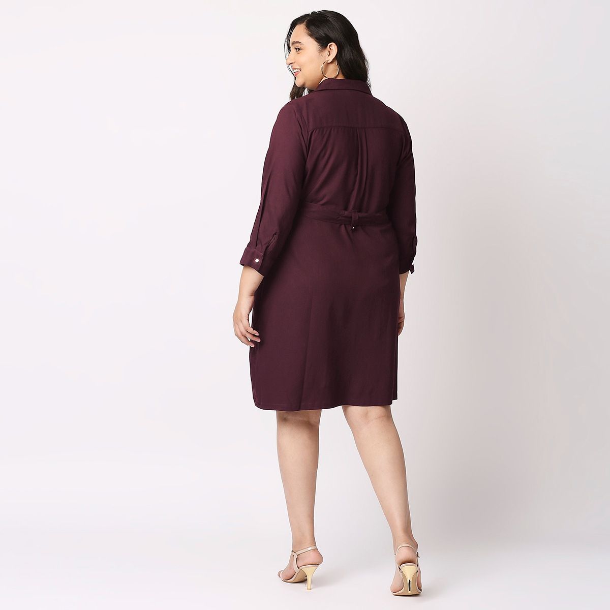 Twenty Dresses by Nykaa Fashion Curve Wine A Line Work Dress With Belt