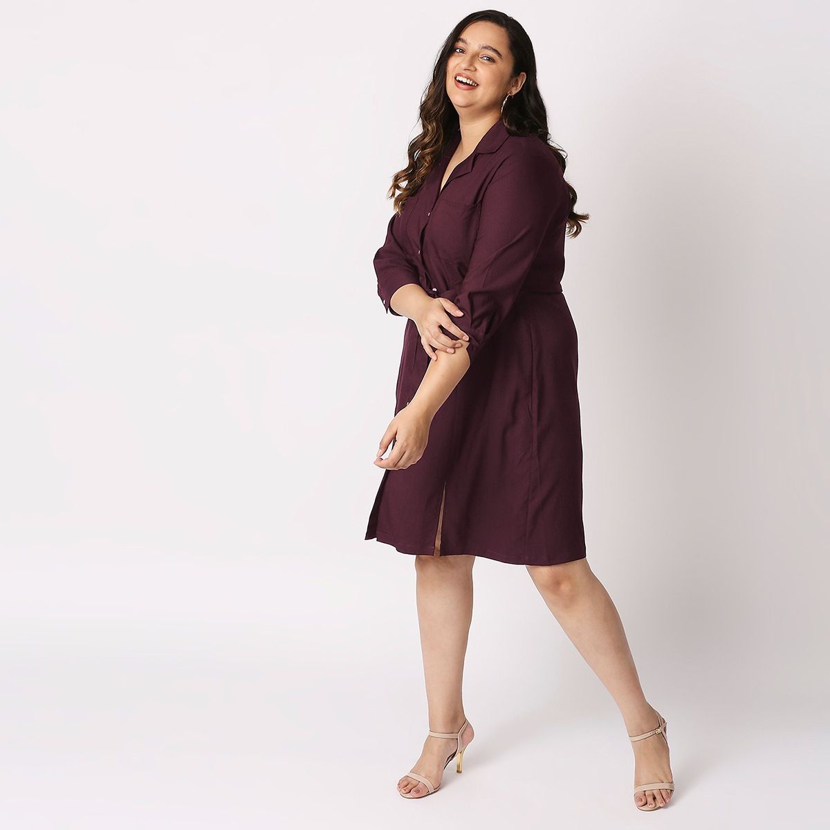 Twenty Dresses by Nykaa Fashion Curve Wine A Line Work Dress With Belt