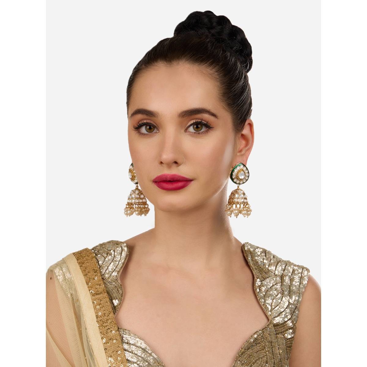 Zaveri Pearls Green Meenakari Kundan Statement Jhumka Earring