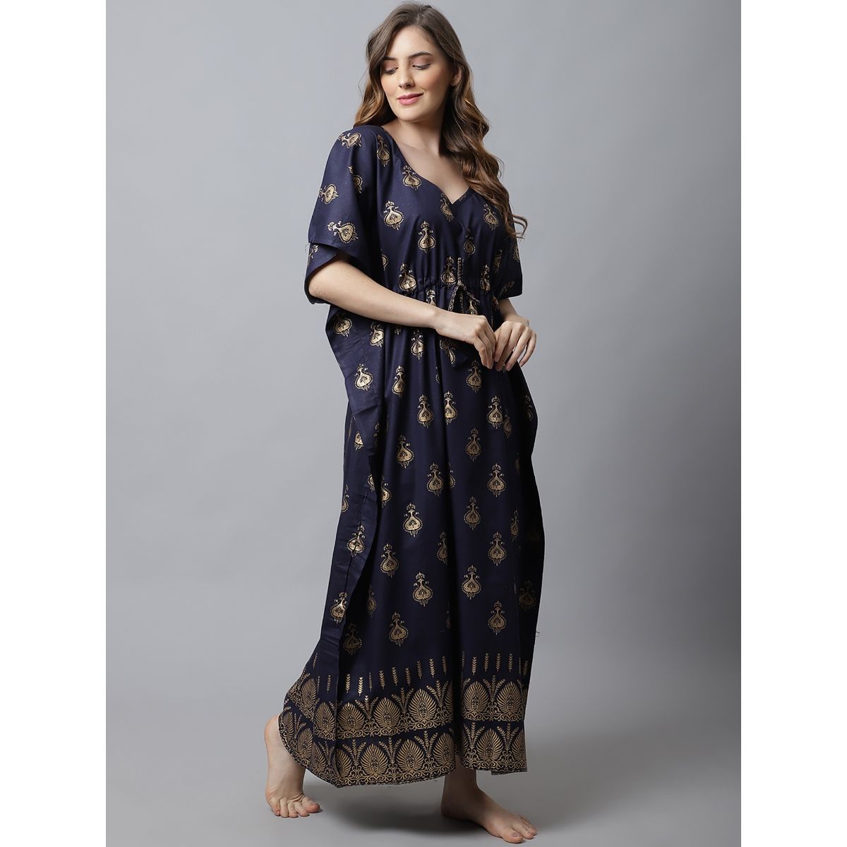 Secret Wish Navy Blue Printed Cotton Kaftan Nighty Buy Secret Wish Navy Blue Printed Cotton