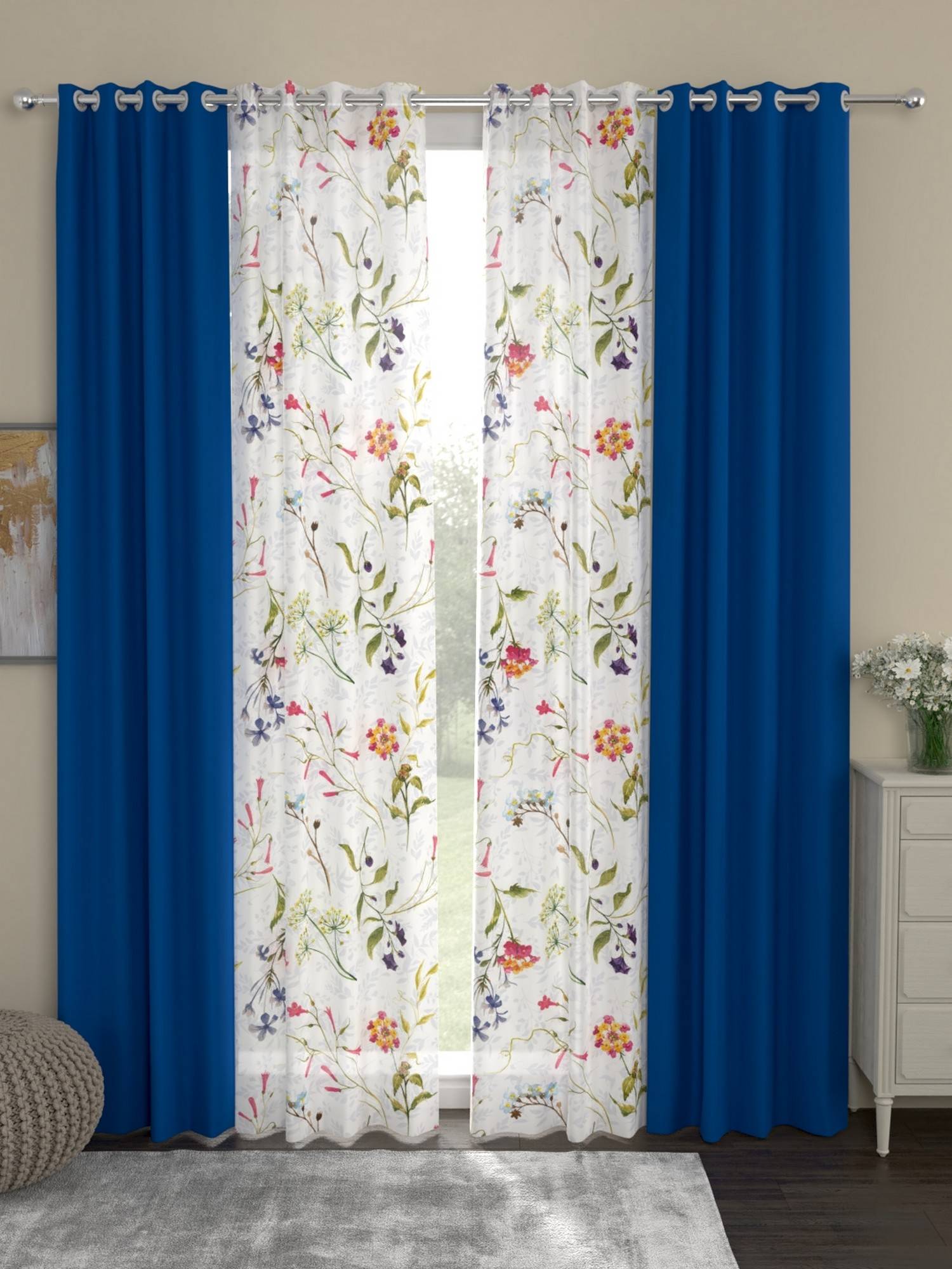 Rosara Home Blue Floral Black Out and Sheer Long Door Curtains (Pack of 4) (9 x 4 Feet)