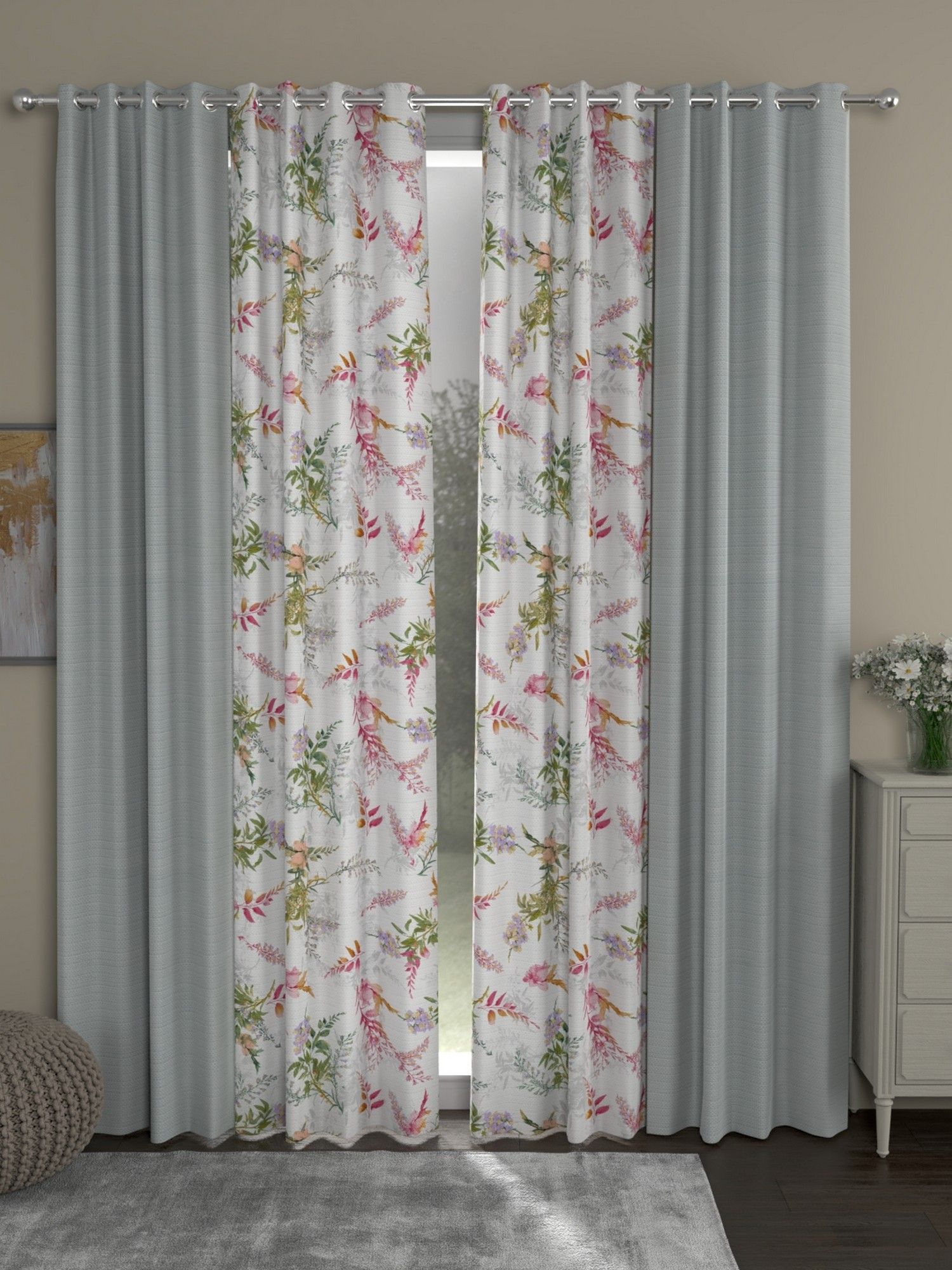 Buy Rosara Home Grey Floral Regular Window Curtains (Pack of 4) Online