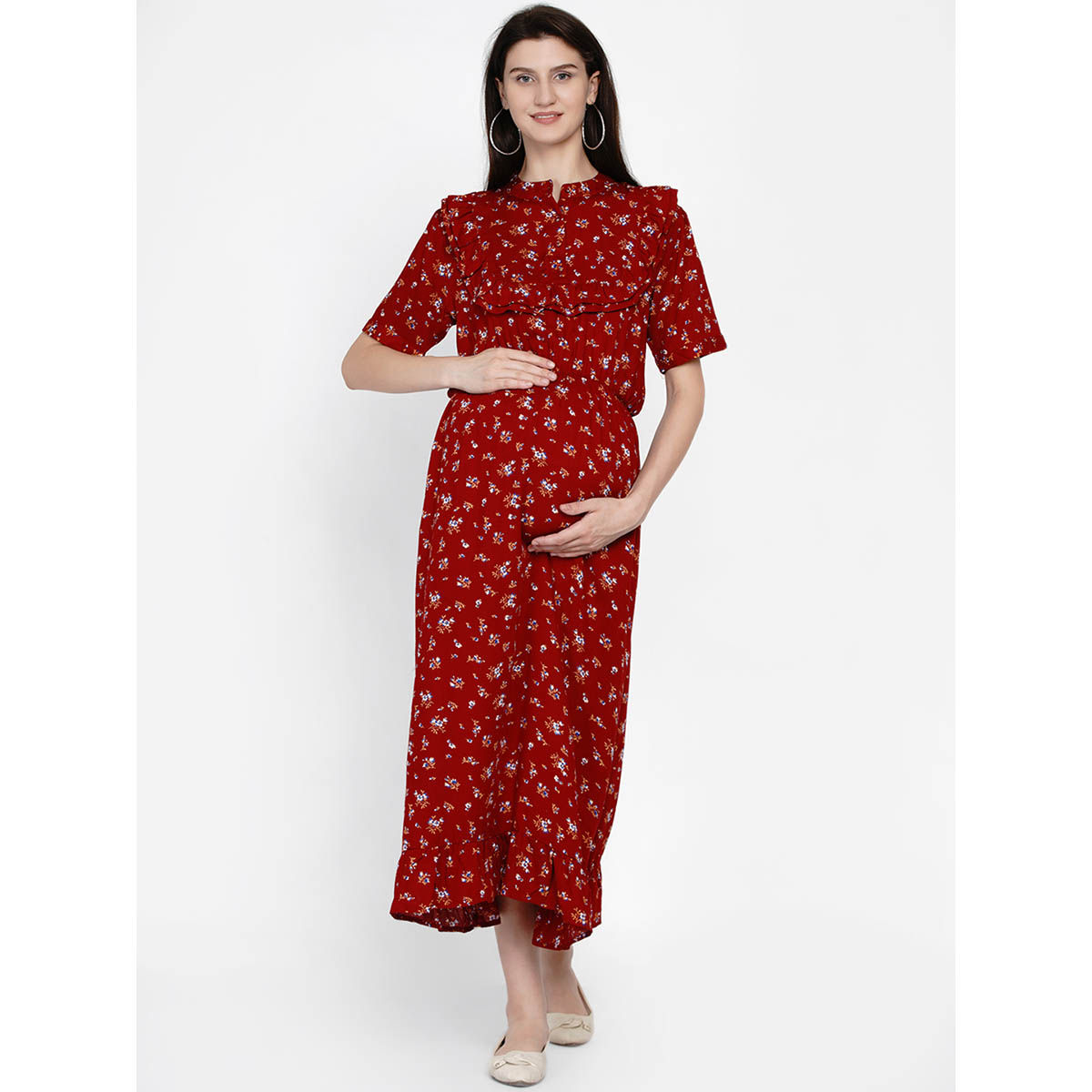 Fab Maroon Printed Maternity Dress For Women