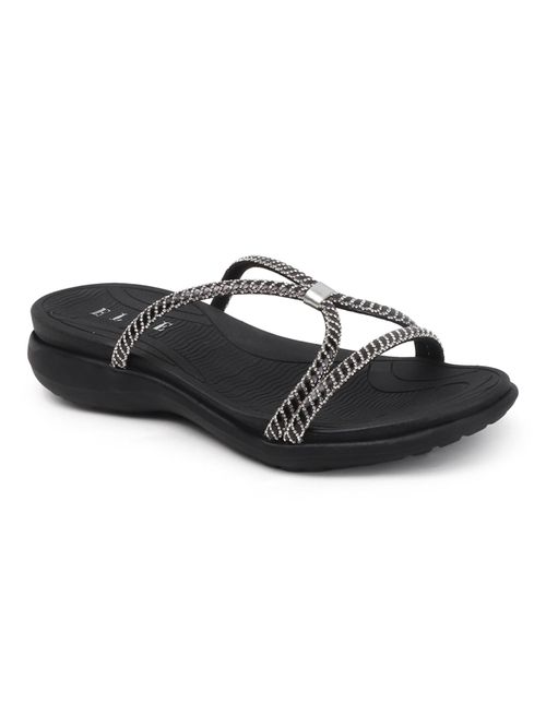 ELLE Women Sparkle Strap Comfort Sandals-Black (EURO 36)