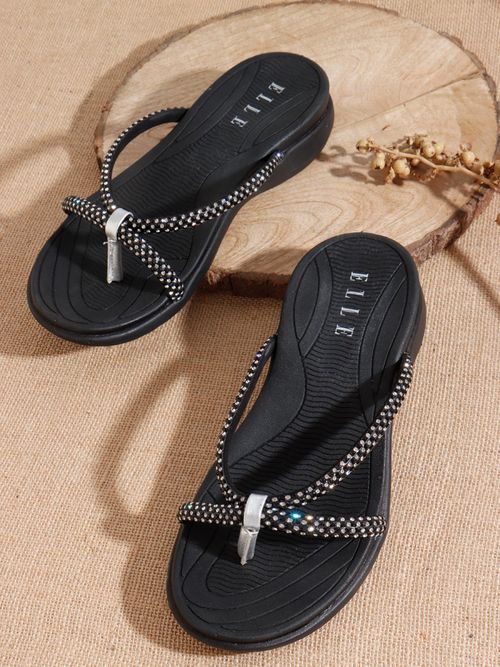 ELLE Women Sparkle Strap Thong Sandals-Black (EURO 36)