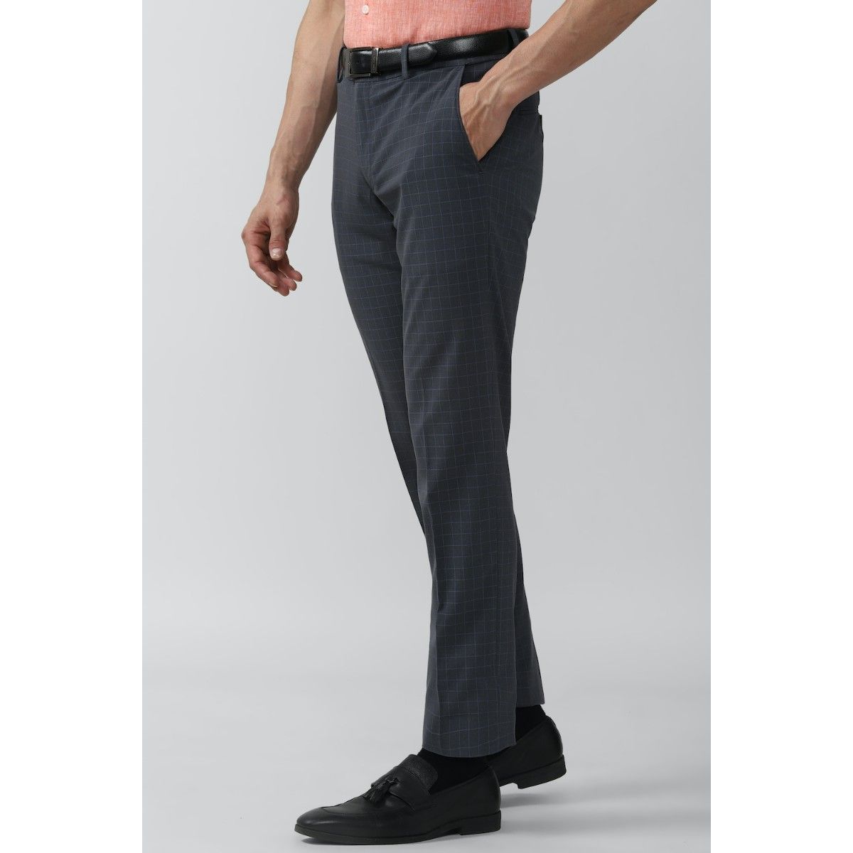 BASICS TAPERED FIT LEAD GREY SATIN STRETCH TROUSERS-22BTR50796