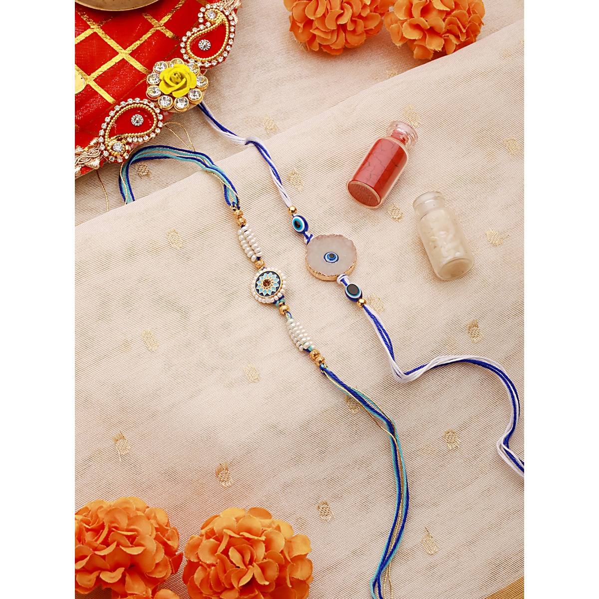 Aatmana Semi-Precious Stone Evil Eye & Beaded Charm Rakhi with Roli Chawal