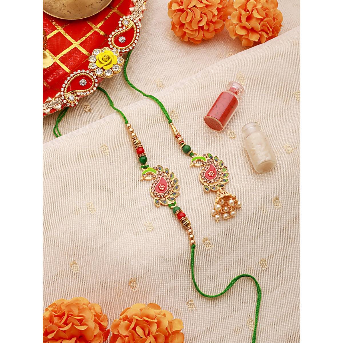 Aatmana Peacock Shaped Meena Work Bhaiya Bhabhi Rakhi Lumba with Roli Chawal
