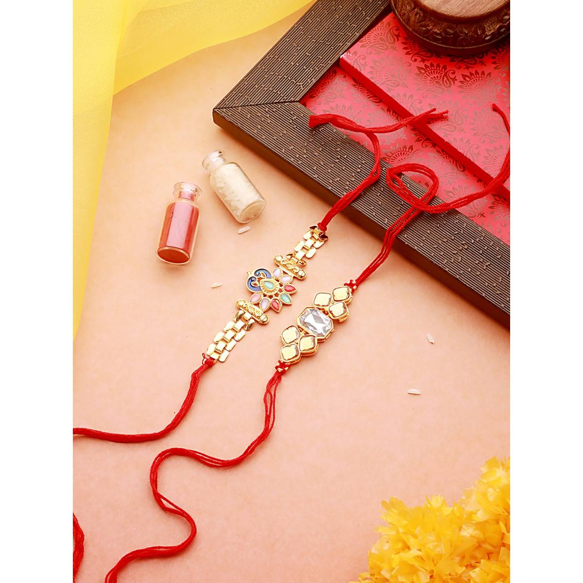 Aatmana Classic Kundan & Enamelled Peacock Thread Rakhi with Roli Chawal