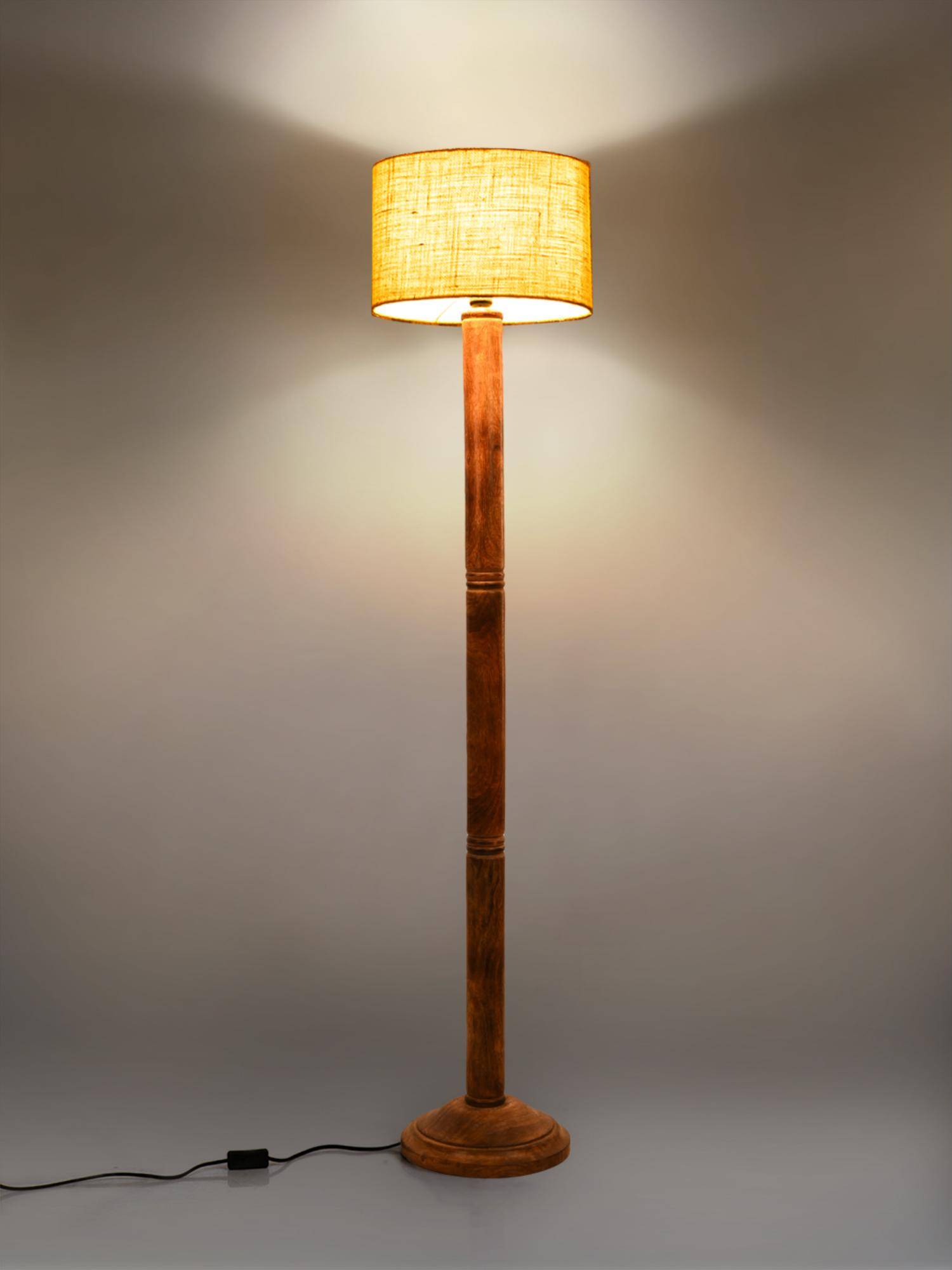 Green Girgit Brown Ring Floor Lamp with Jute Brown Cylindrical Lamp Shade