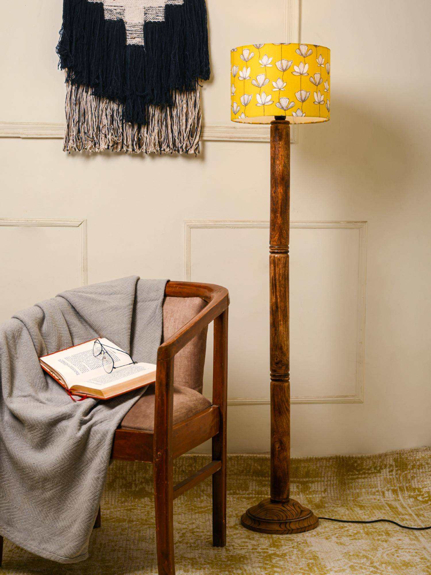 Green Girgit Brown Ring Floor Lamp with Mustard Flora Multi-Color Lamp Shade