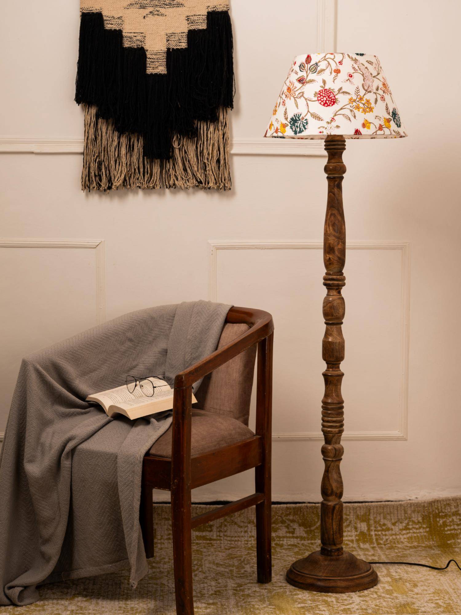 Green Girgit Wooden Brown Floor Lamp with Taper White Multi-Color Lamp Shade