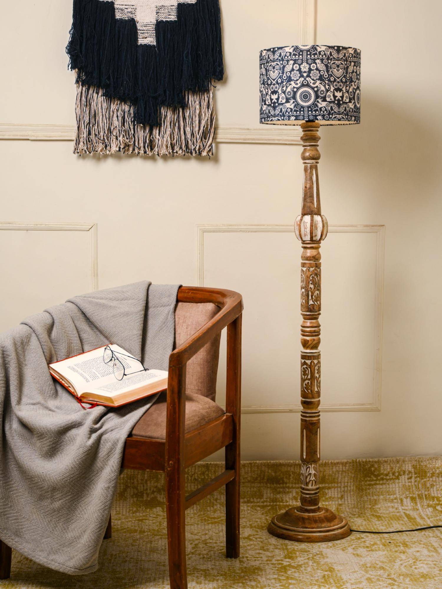 Green Girgit Wooden Carved Floor Lamp with Indian Art Multi-Color Lamp Shade