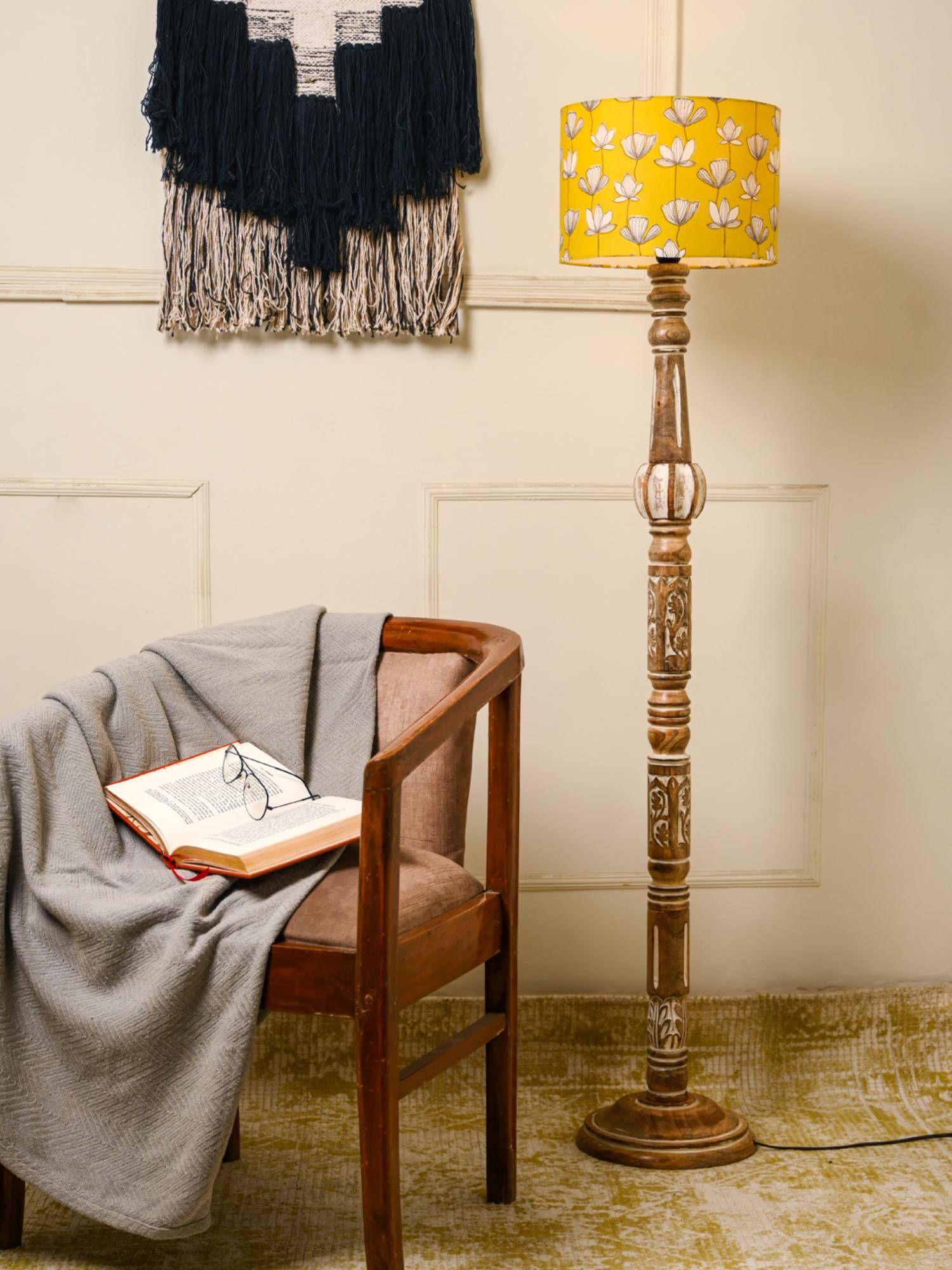 Green Girgit Wooden Carved Floor Lamp with Mustard Flora Multi-Color Lamp Shade
