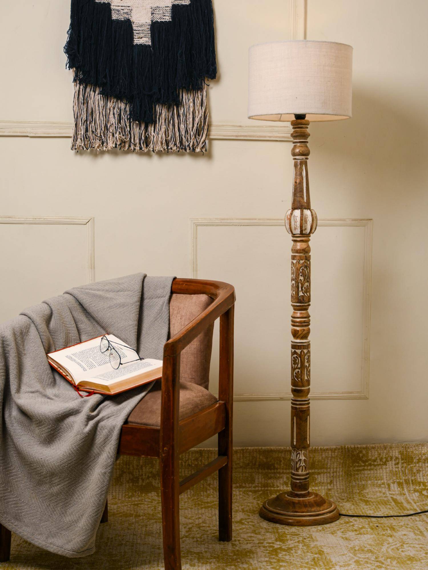 Green Girgit Wooden Carved Floor Lamp with Jute White Lamp Shade