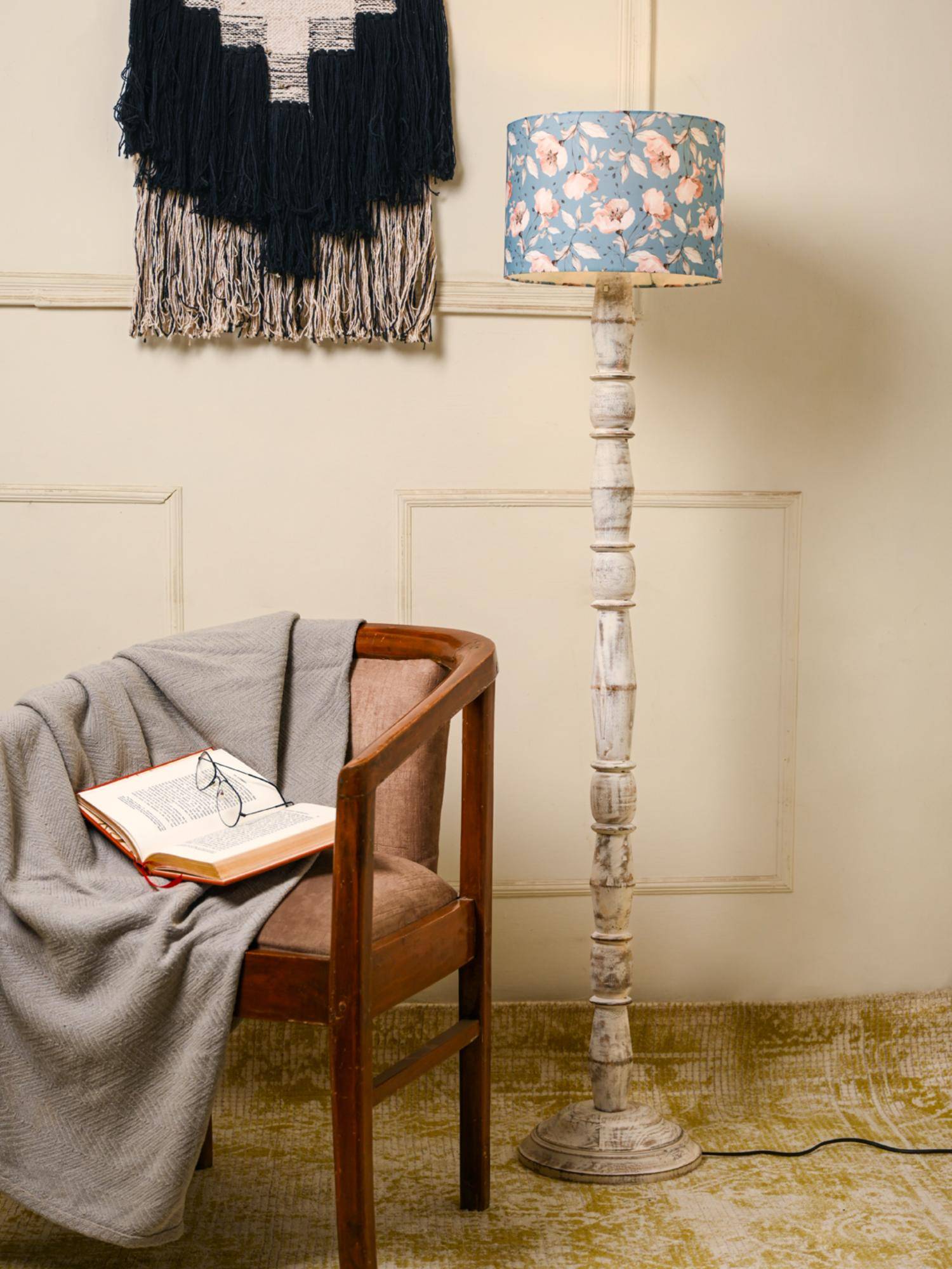 Green Girgit Wooden Distress White Floor Lamp with Blue Flowers Multi-Color Lamp Shade