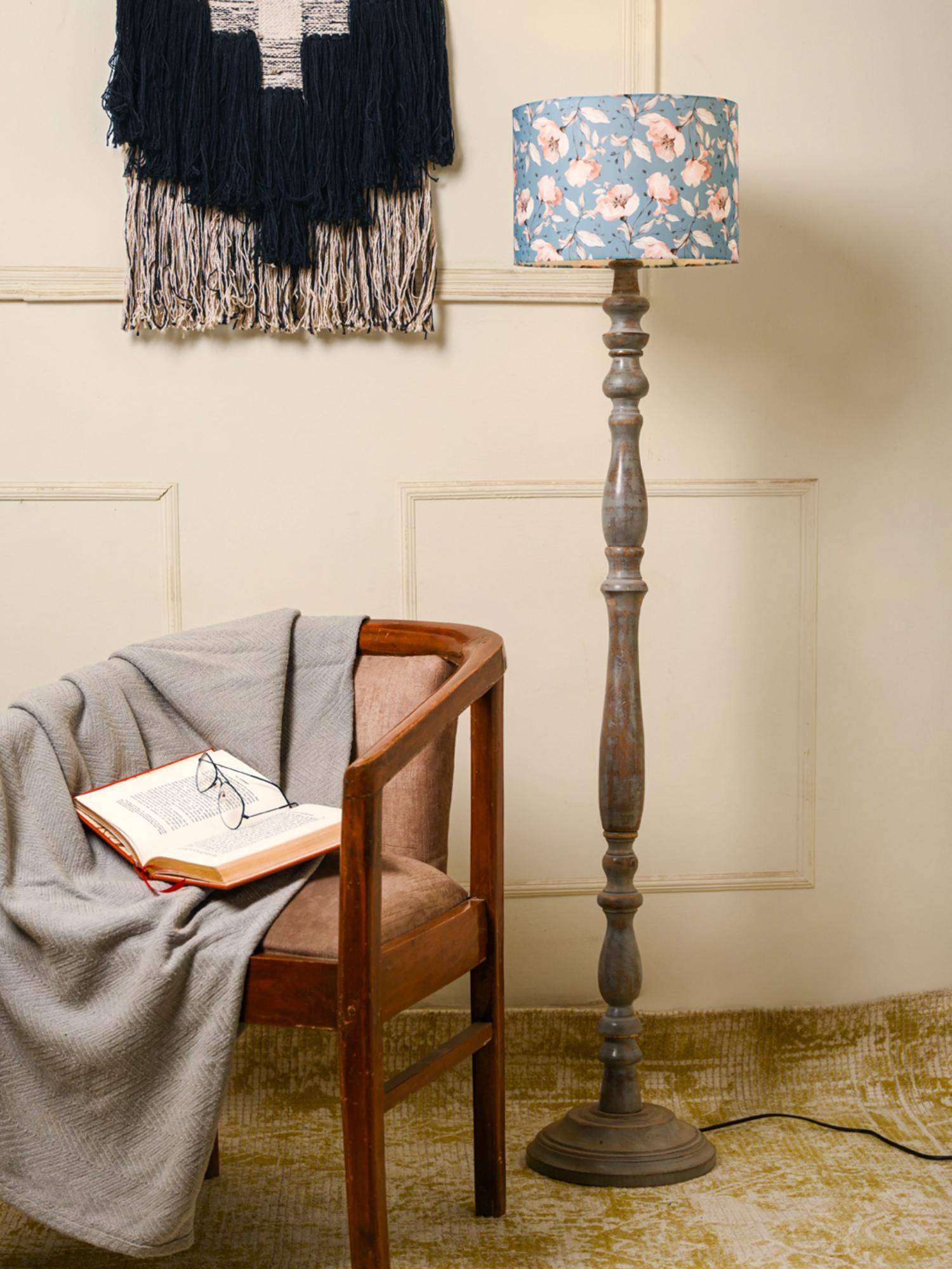 Green Girgit Wooden Grey Color Floor Lamp with Blue Flowers Multi-Color Lamp Shade