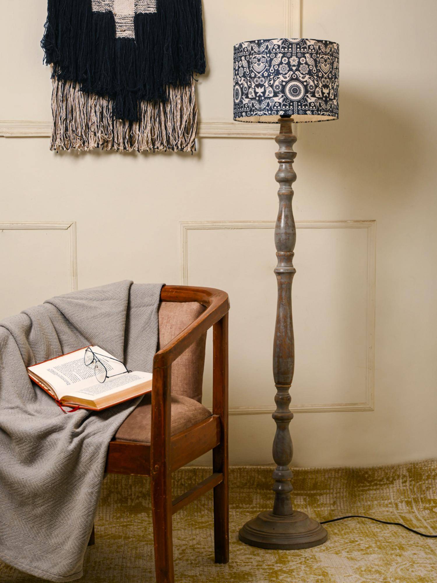 Green Girgit Wooden Grey Color Floor Lamp with Indian Art Multi-Color Lamp Shade