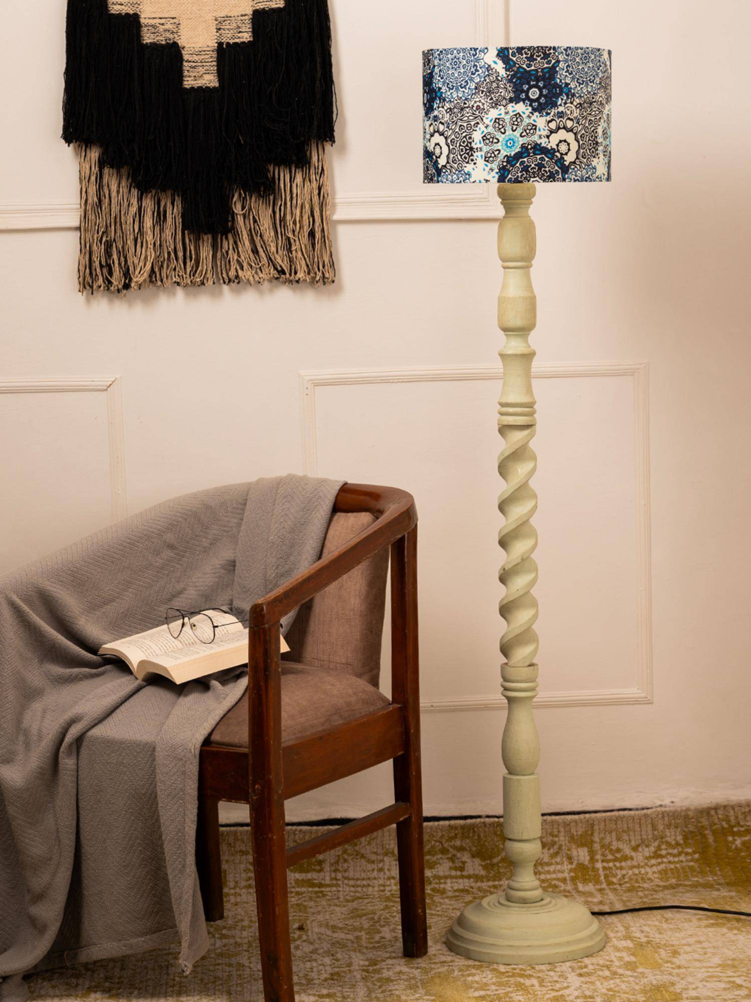 Green Girgit Wooden Olive Color Floor Lamp with Blue Batik Multi-Color Lamp Shade