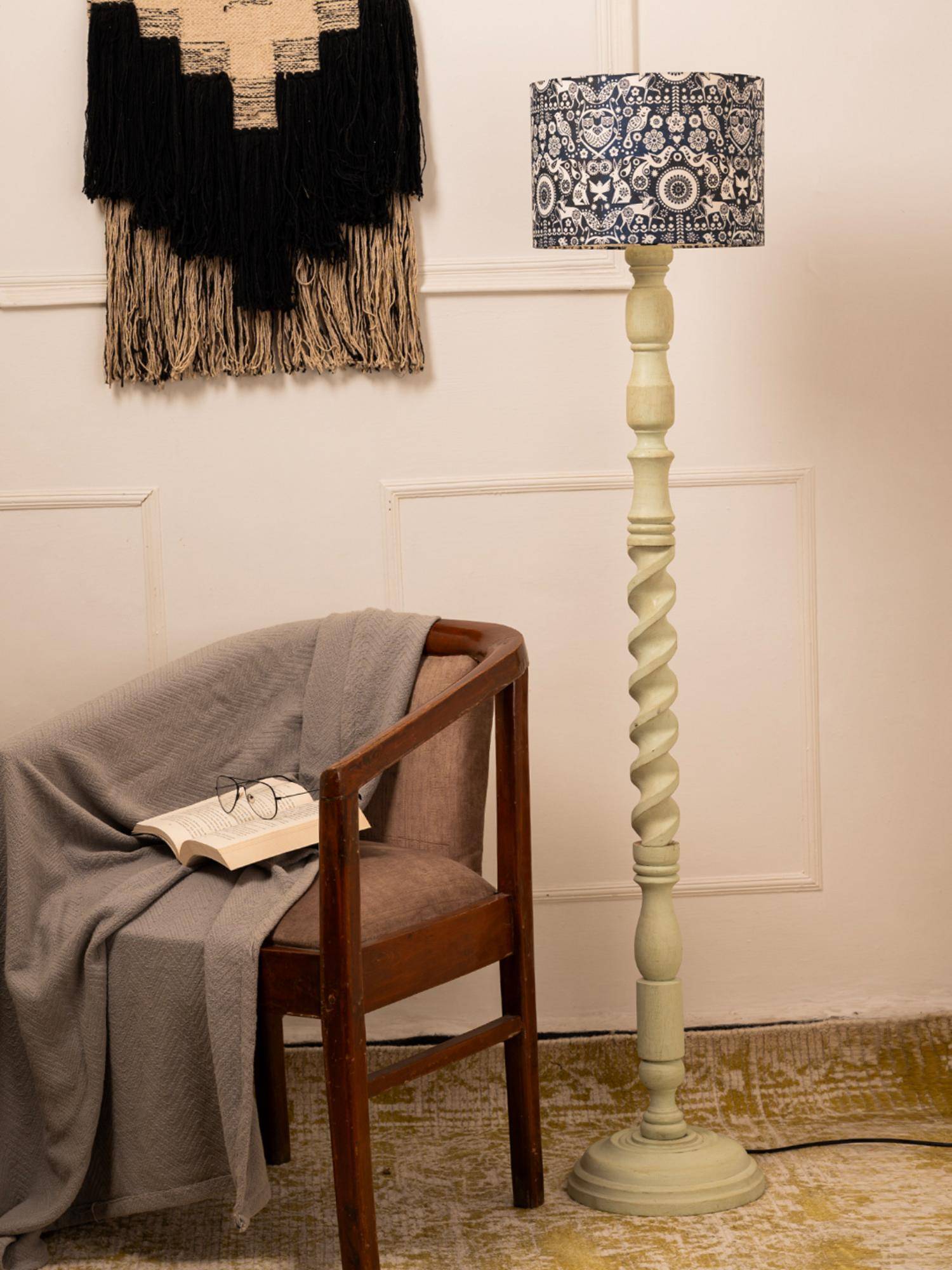 Green Girgit Wooden Olive Color Floor Lamp with Indian Art Multi-Color Lamp Shade