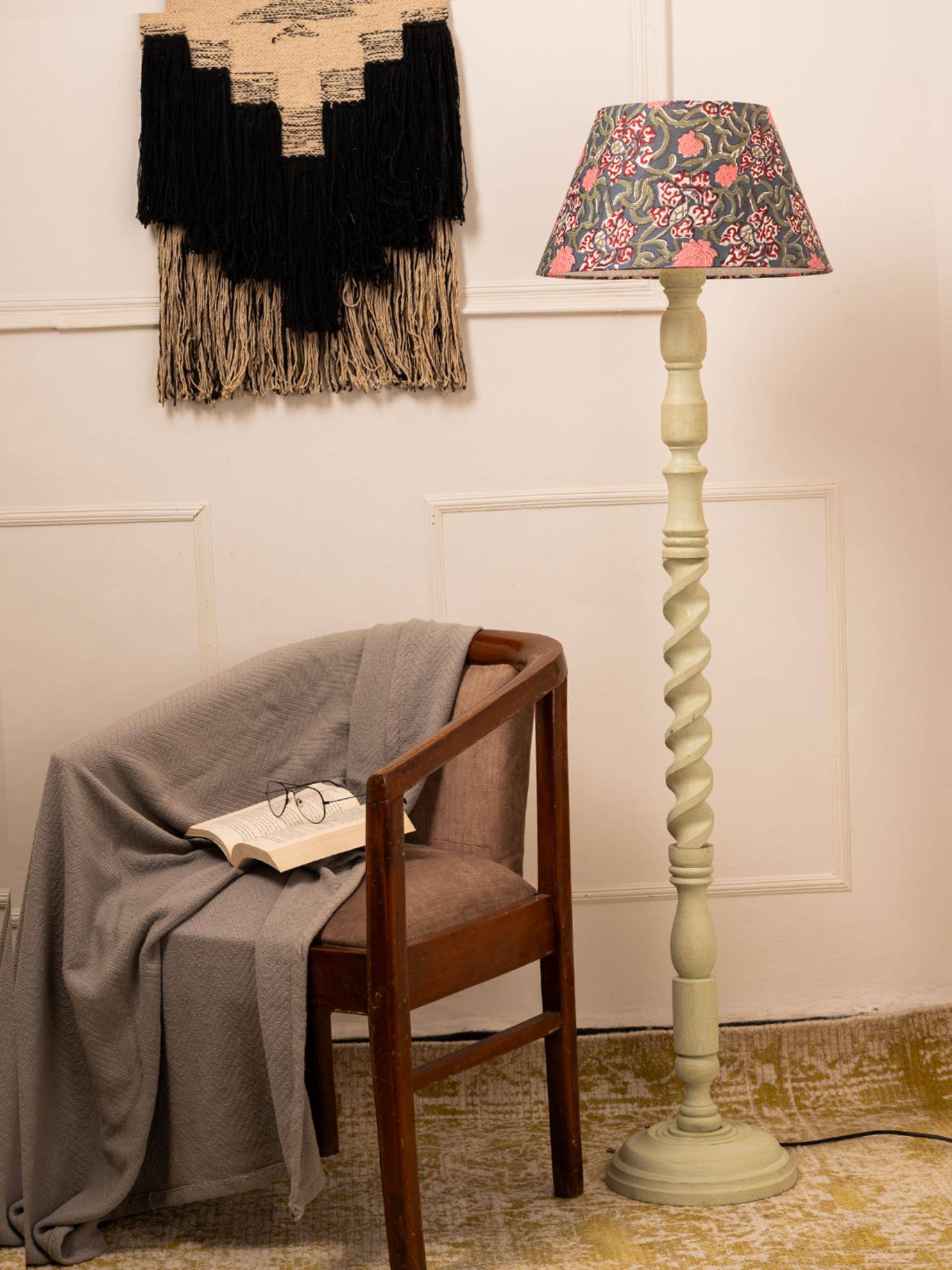 Green Girgit Wooden Olive Color Floor Lamp with Taper Blue Multi-Color Lamp Shade