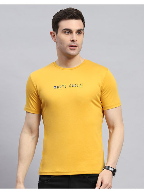 Monte Carlo Mens Yellow Typography Round Neck Half Sleeve Casual T-Shirt