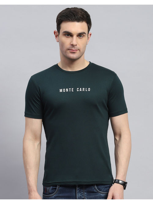 Buy Monte Carlo Mens Dark Green Typography Round Neck Half Sleeve