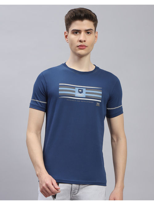Monte Carlo Mens Navy Blue Printed Round Neck Half Sleeve Casual T-Shirt
