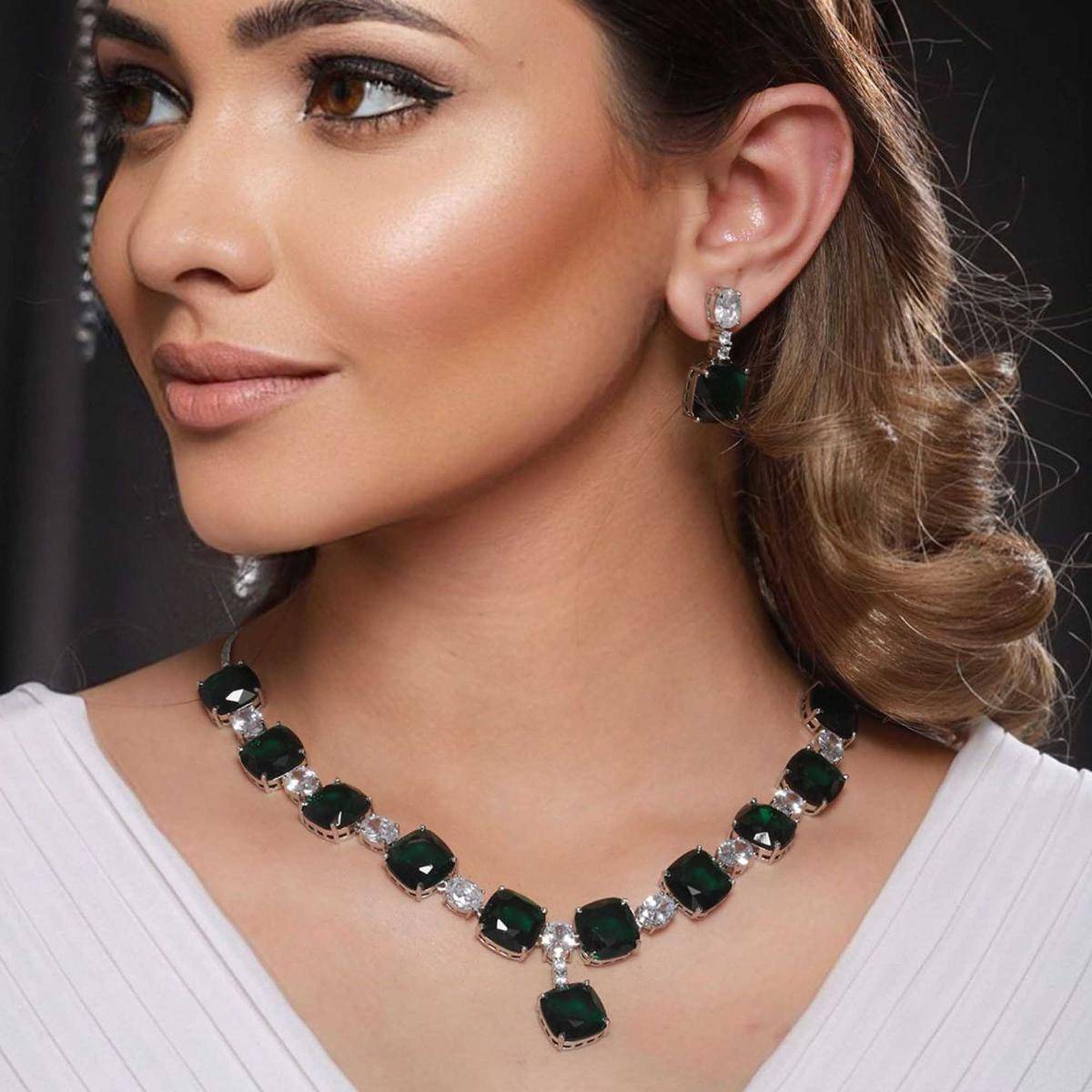 Saraf RS Jewellery Silver Plated Green CZ Studded Luxe Designer Jewellery Set