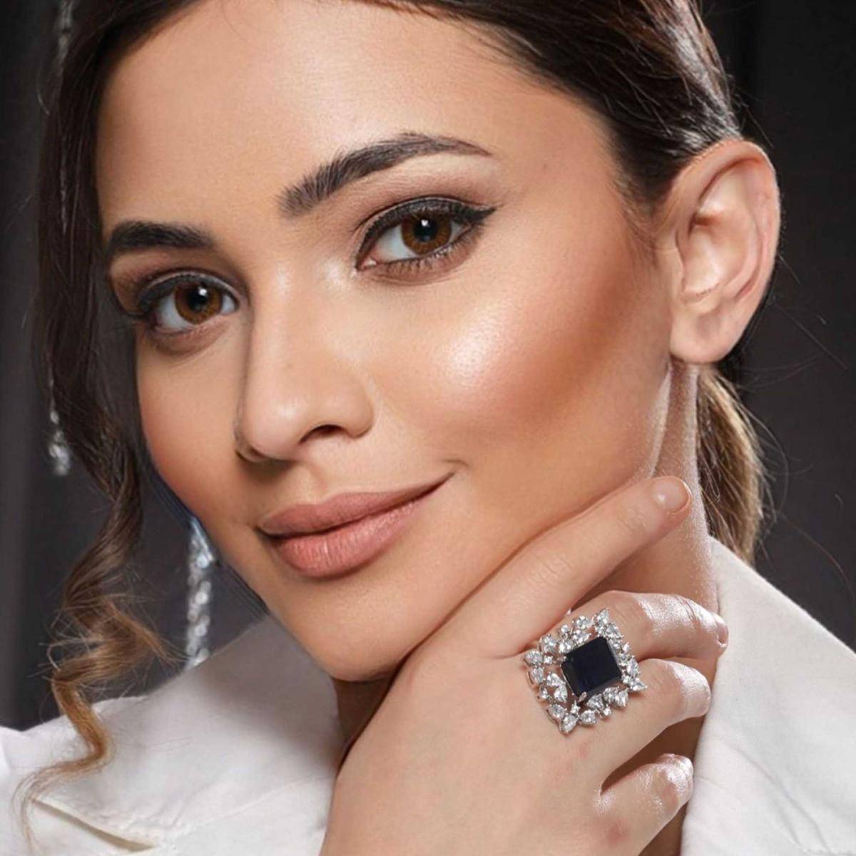 Saraf RS Jewellery Silver Plated Blue CZ Studded Cocktail Designer Finger Ring