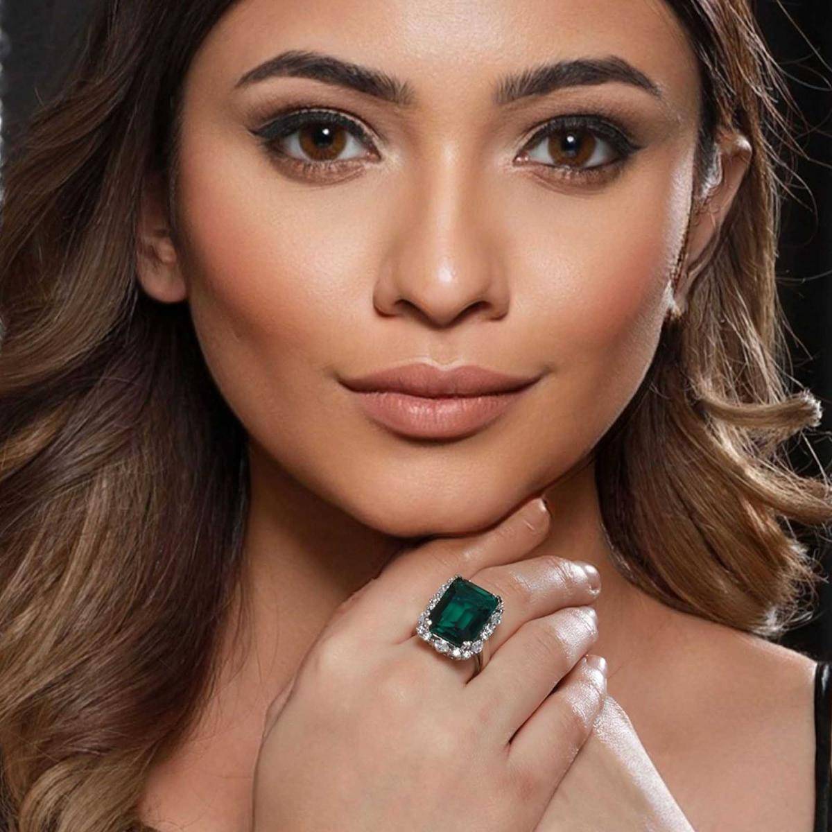 Saraf RS Jewellery Silver Plated Green CZ Studded Cocktail Luxe Finger Ring