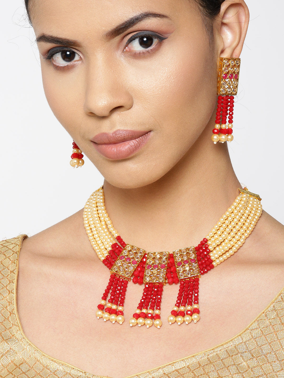Priyaasi Gold Plated Stone Studded Multistrand Maroon And OffWhite Beaded Chain Jewellery Set