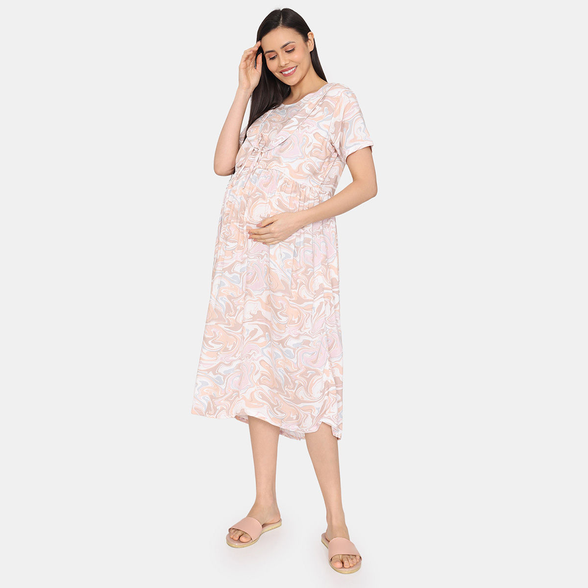 Zivame Coucou Maternity Woven Mid Length Nightdress With Discreet
