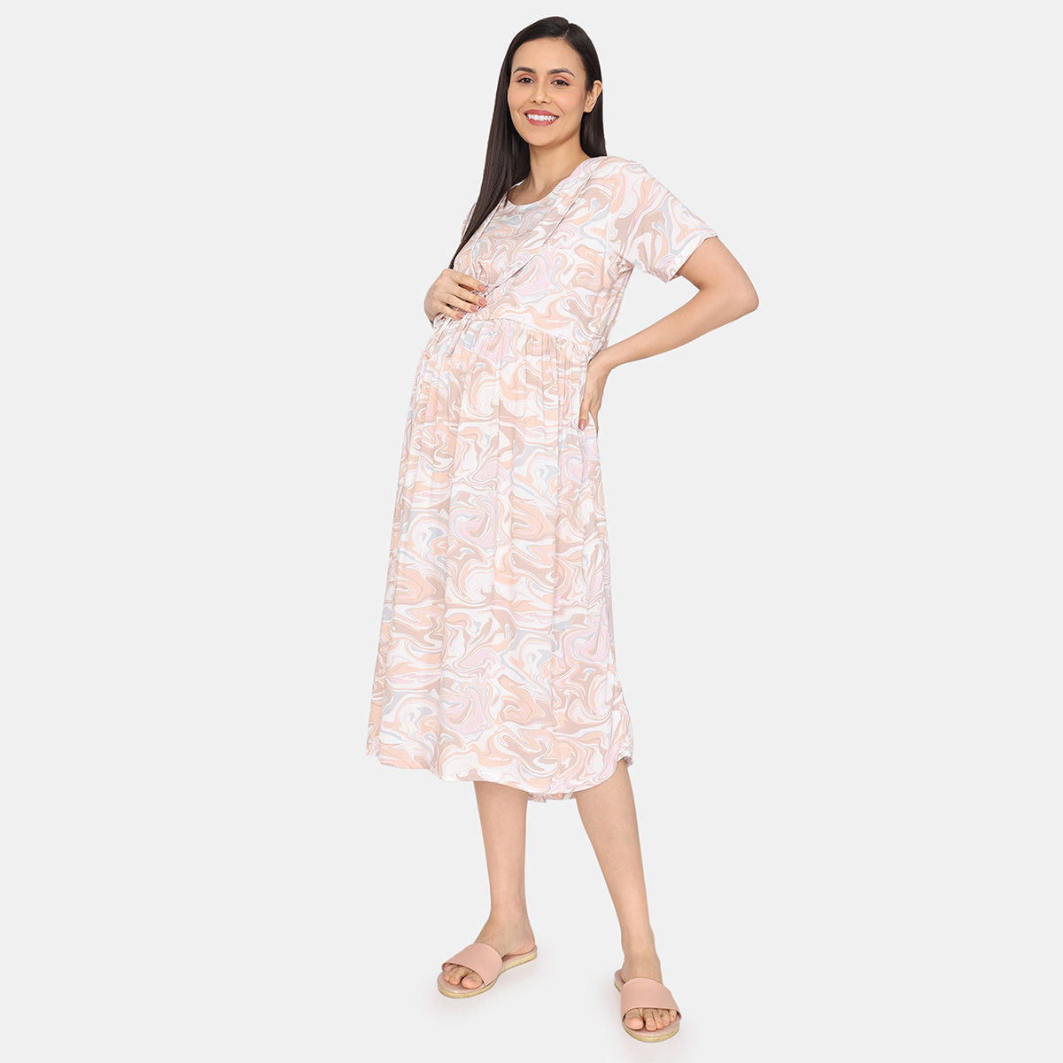 Zivame Coucou Maternity Woven Mid Length Nightdress With Discreet