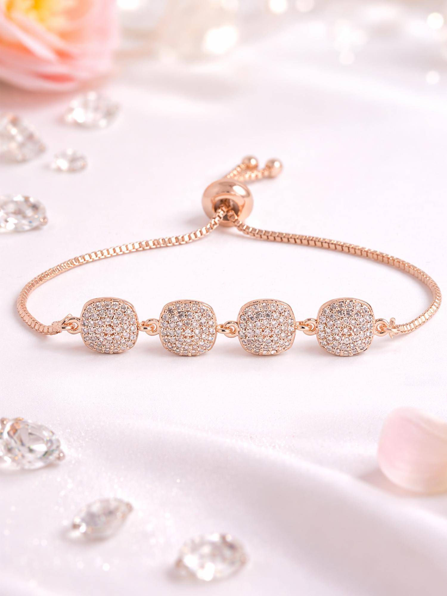 Estele Rose Gold Finish CZ Square Charm Bracelet | Adjustable Fit
