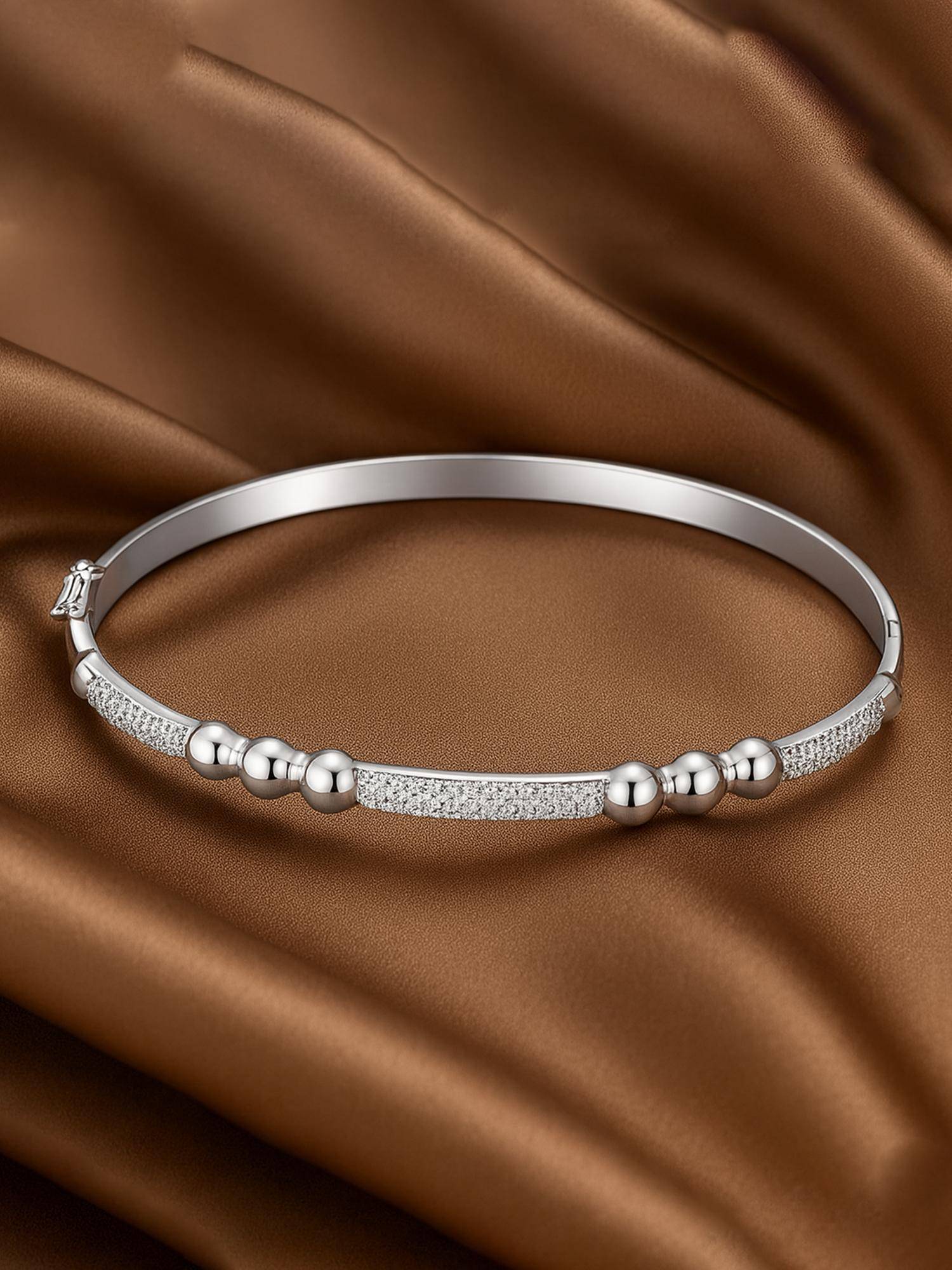 Estele Rhodium Plated CZ Pave Bar Bracelet with Round Metal Accents for Women