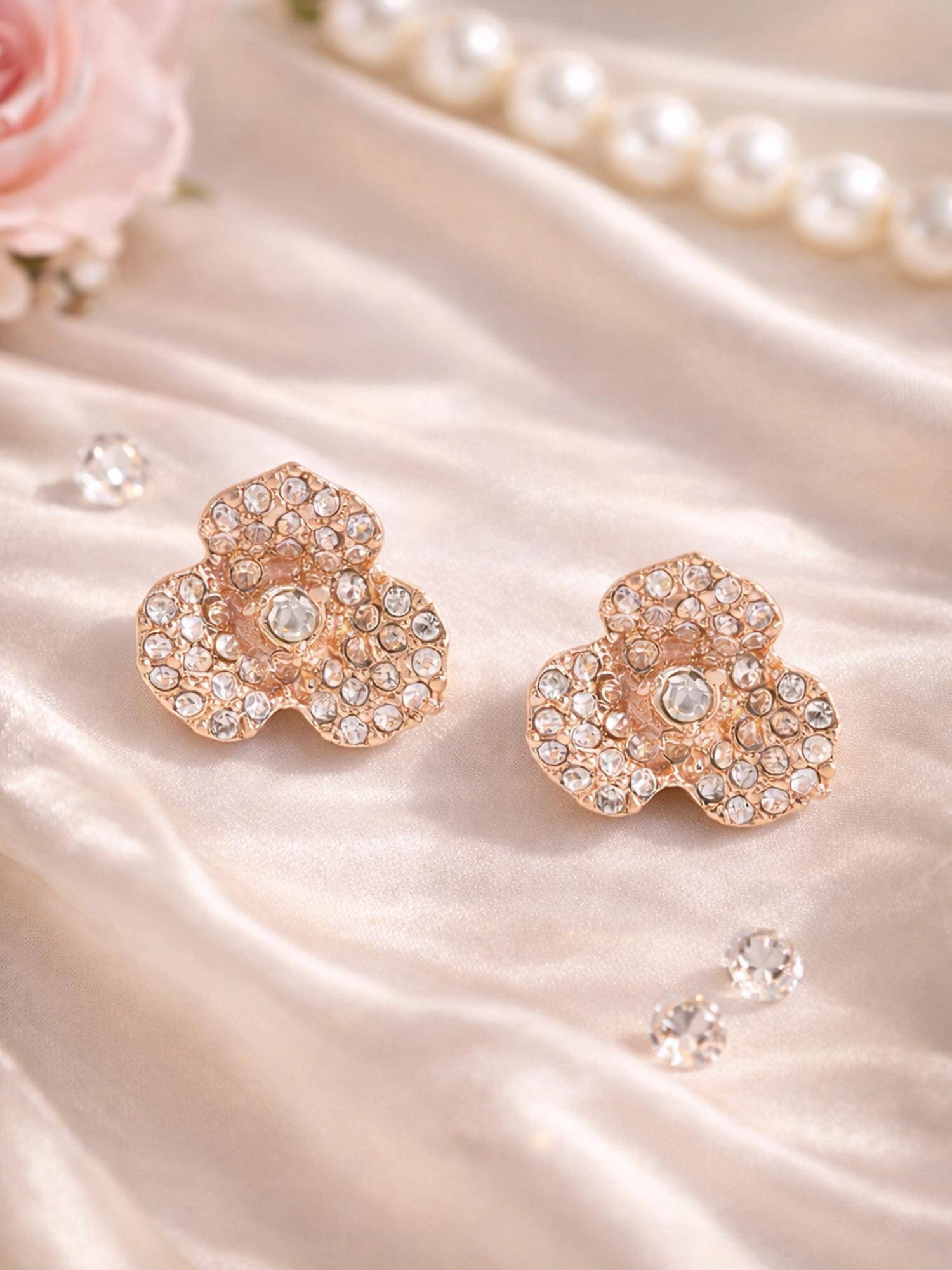 Estele Chic Minimal Look Rose Gold Plated Floral Stud Earrings