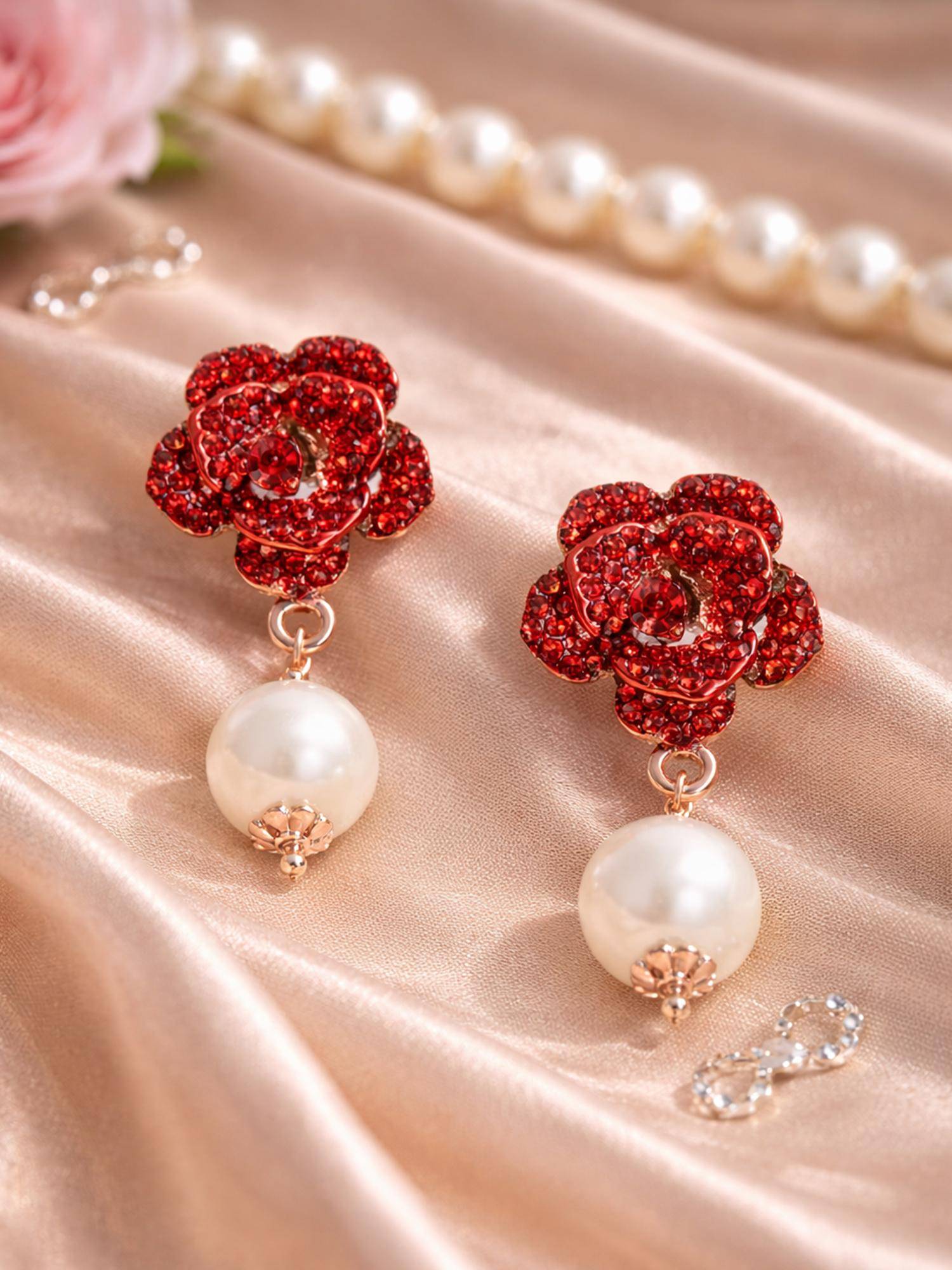 Estele Ruby Red Flower Pearl Drop Earrings|Chic Rose Gold Finish Party & Festive Jewelry