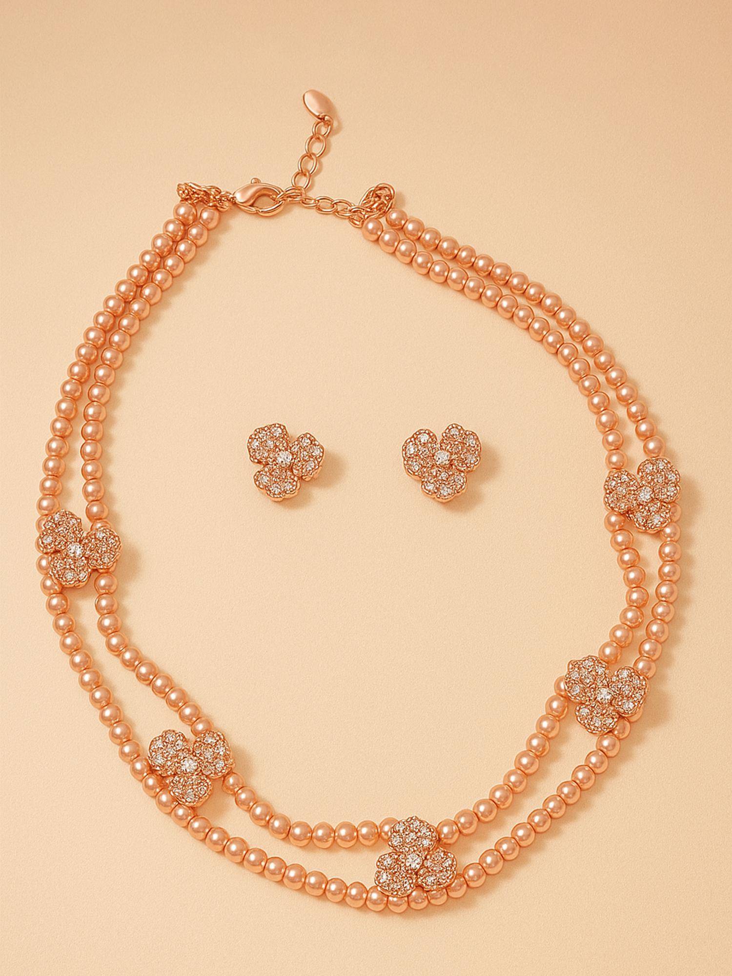 Estele Rose with Pearls Layered Necklace Set|Gold Finish Yellow Pearls|Occasion Wear
