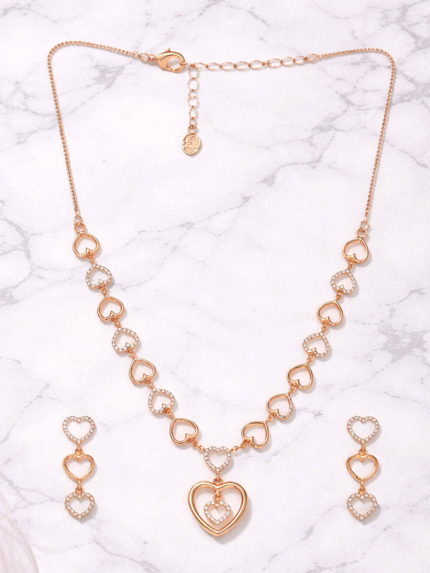 Estele Rosegold Plated Triple Heart Link CZ Necklace Set for Women Party Wear